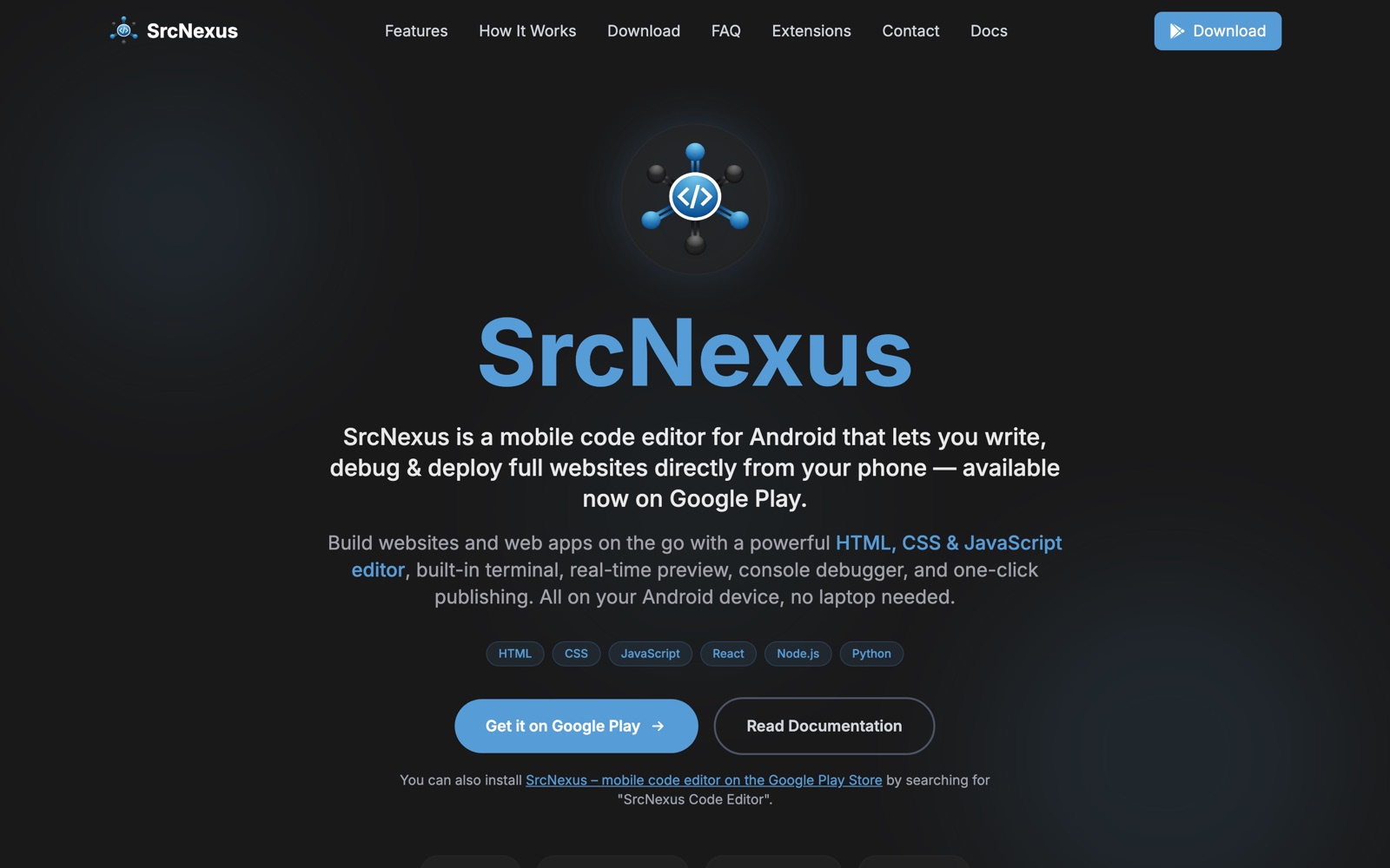 SrcNexus mobile code editor — editor, terminal and live preview